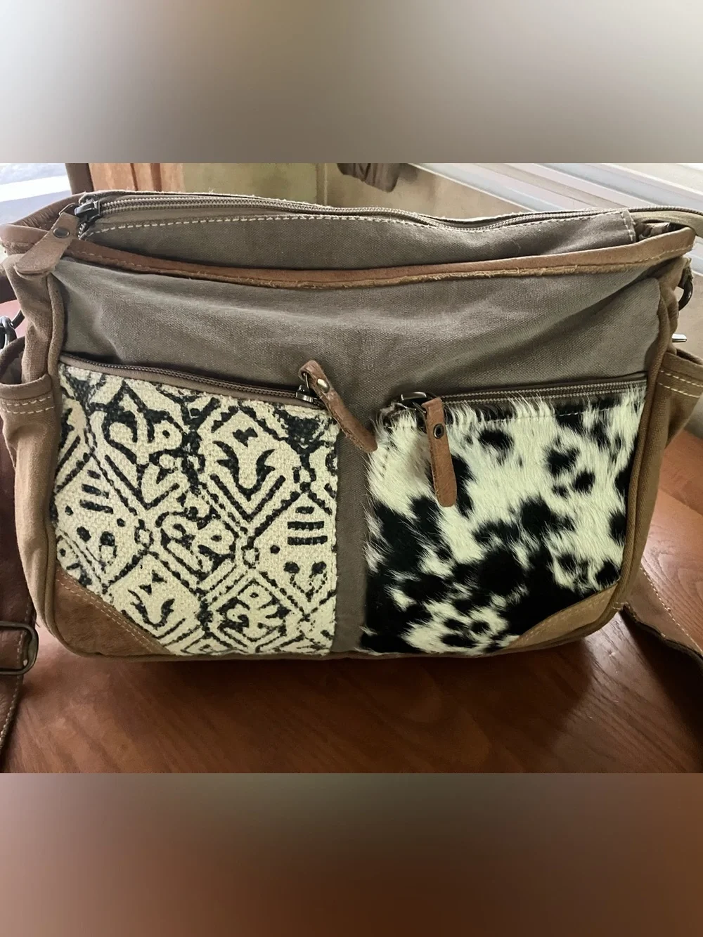 Myra Bag Patchwork Canvas Shoulder Bag with Black and White Pattern